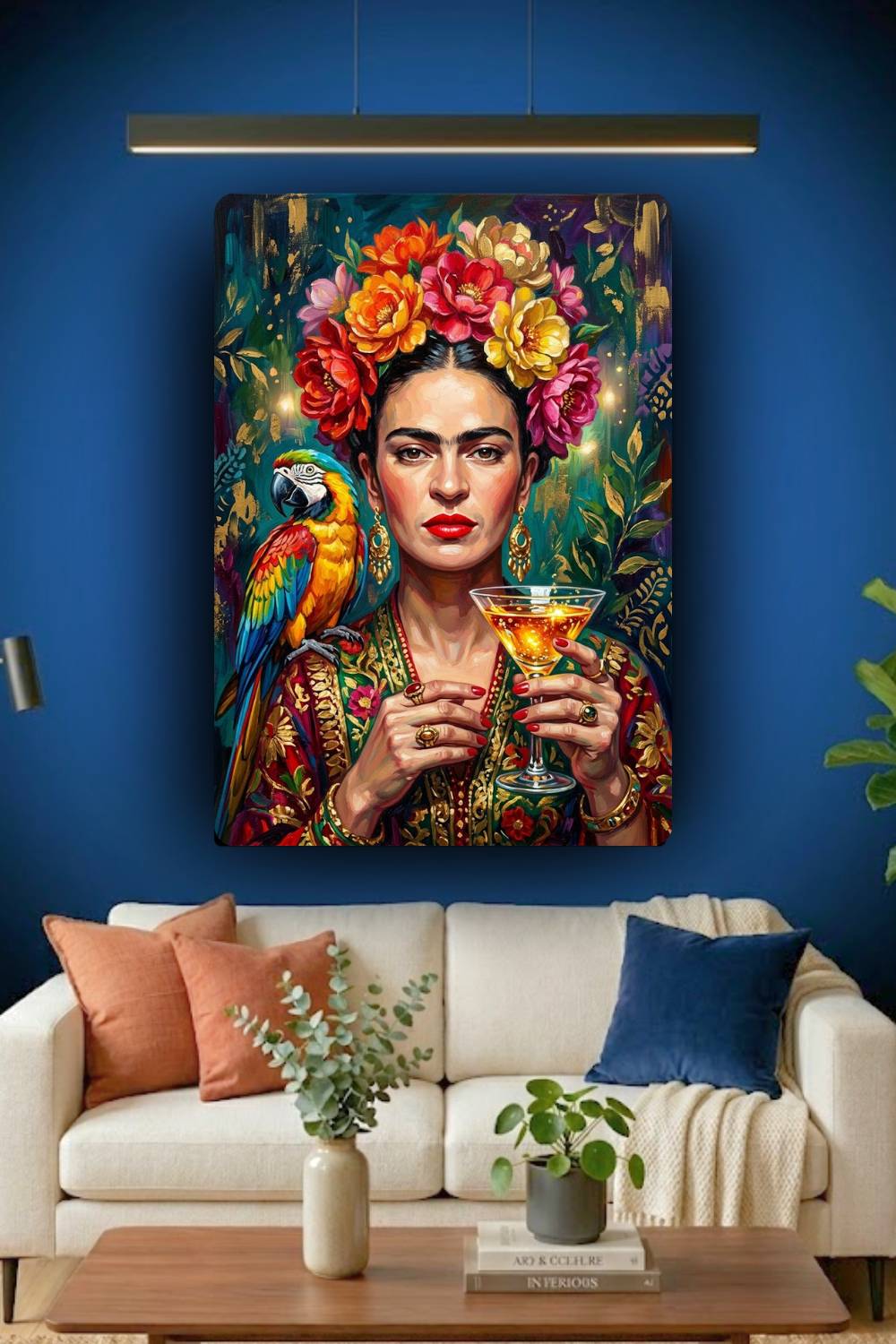 Quadro da Frida Kahlo com arara e drink