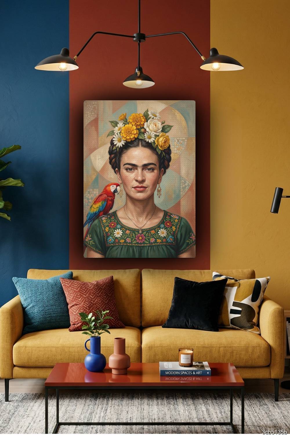 Quadro Frida Kahlo com arara colorida próxima ao ombro em estilo mosaico artístico