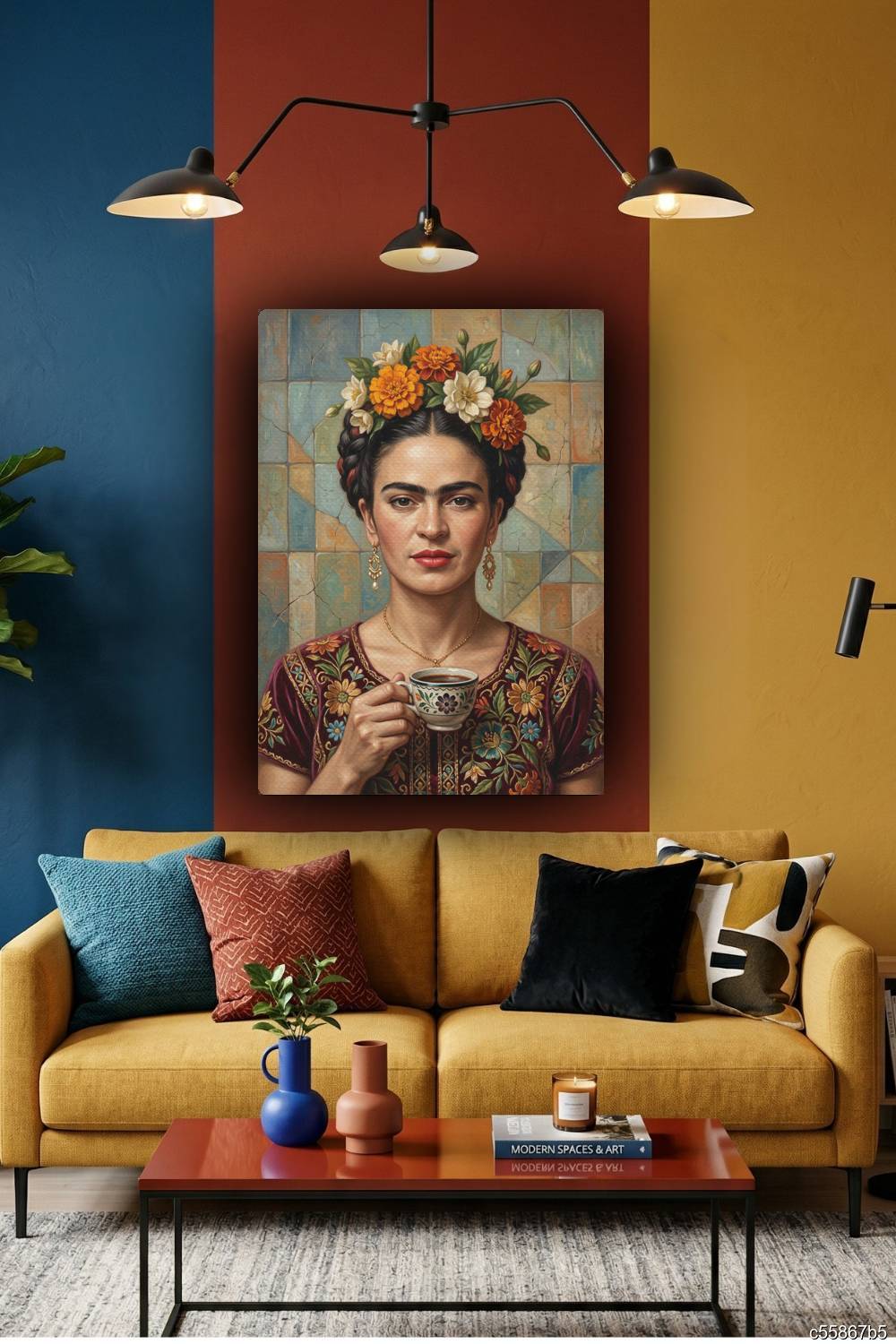 Quadro Frida Kahlo mosaico segurando bebida sofisticada em estilo artístico premium