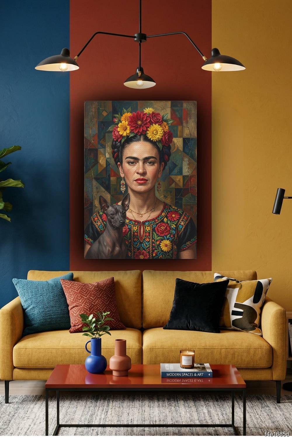 Quadro Frida Kahlo com cachorro próximo ao ombro em estilo mosaico artístico