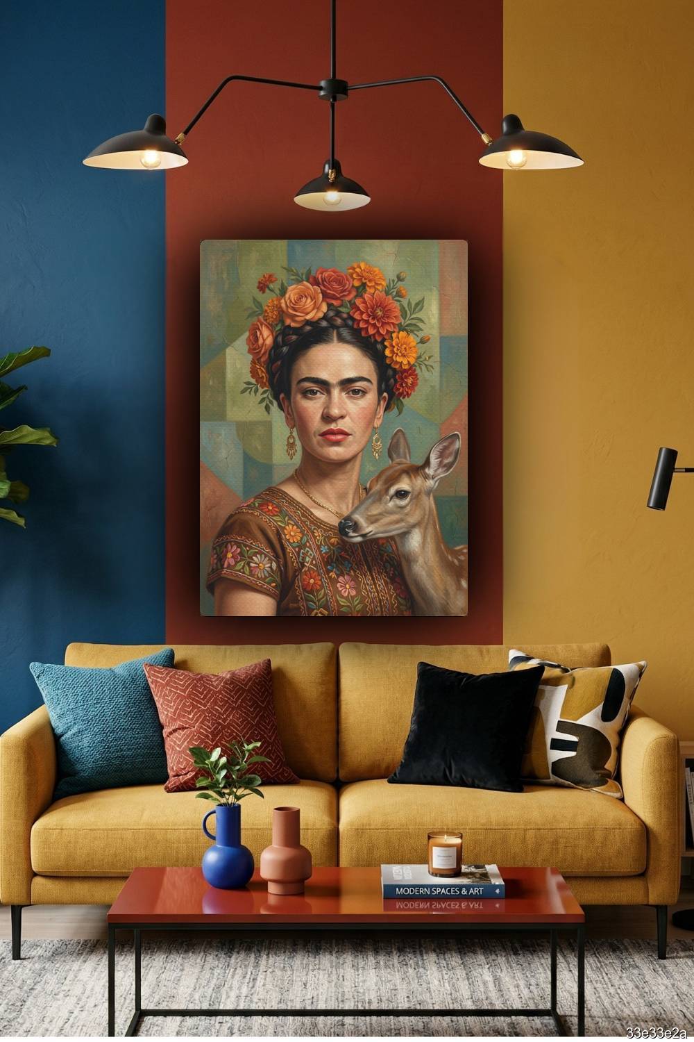 Quadro Frida Kahlo mosaico com cervo elegante próximo ao corpo em arte premium
