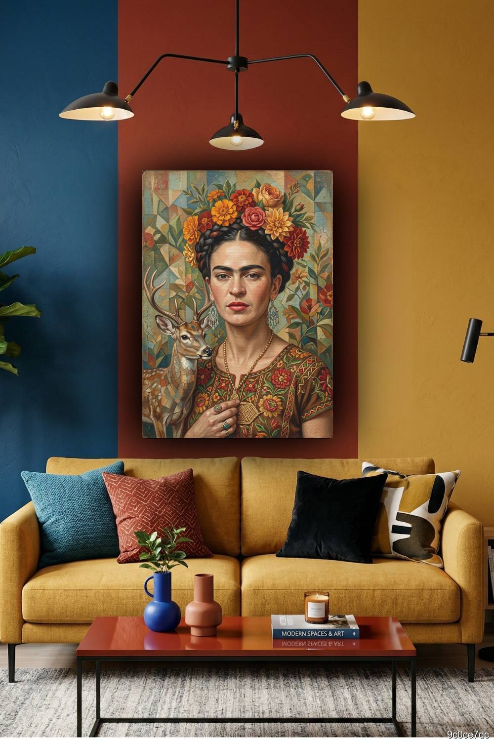 Quadro Frida Kahlo mosaico com cervo elegante próximo ao corpo em arte premium