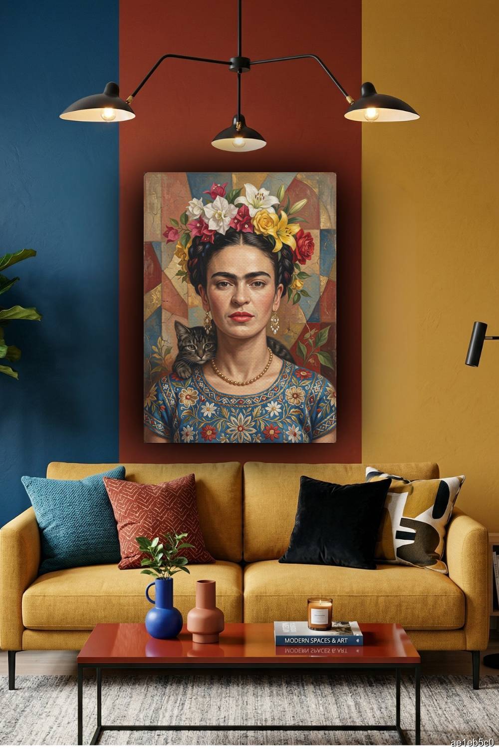 Quadro Frida Kahlo mosaico com gato próximo ao rosto em estilo artístico sofisticado