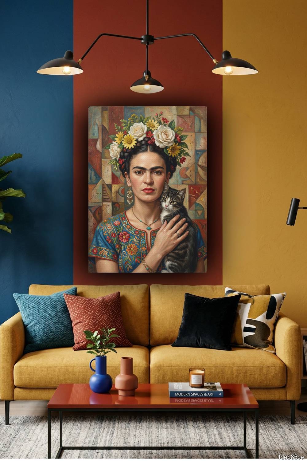 Quadro Frida Kahlo mosaico com gato próximo ao rosto em estilo artístico sofisticado