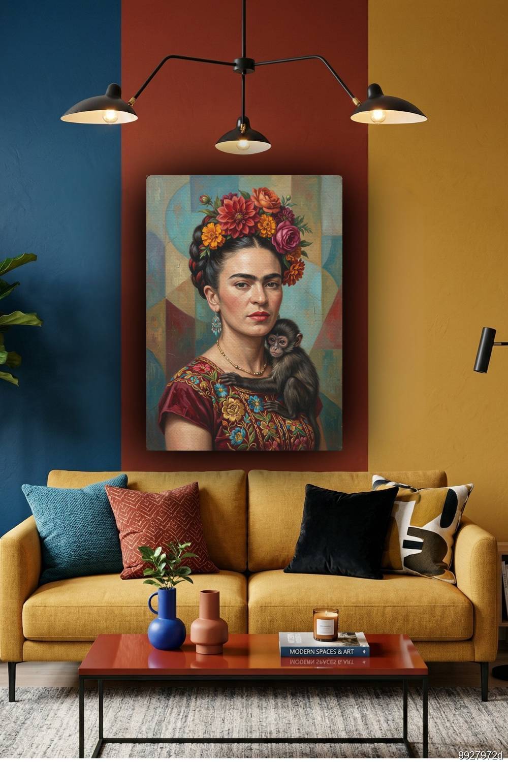 Quadro Frida Kahlo mosaico com macaco próximo ao rosto em estilo artístico sofisticado