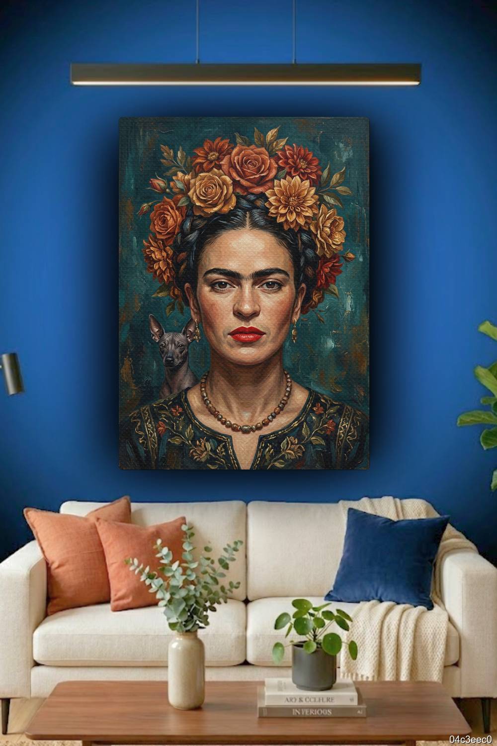 Quadro Frida Kahlo decoração artística sala Rio de Janeiro fundo azul petróleo cachorro arte digital