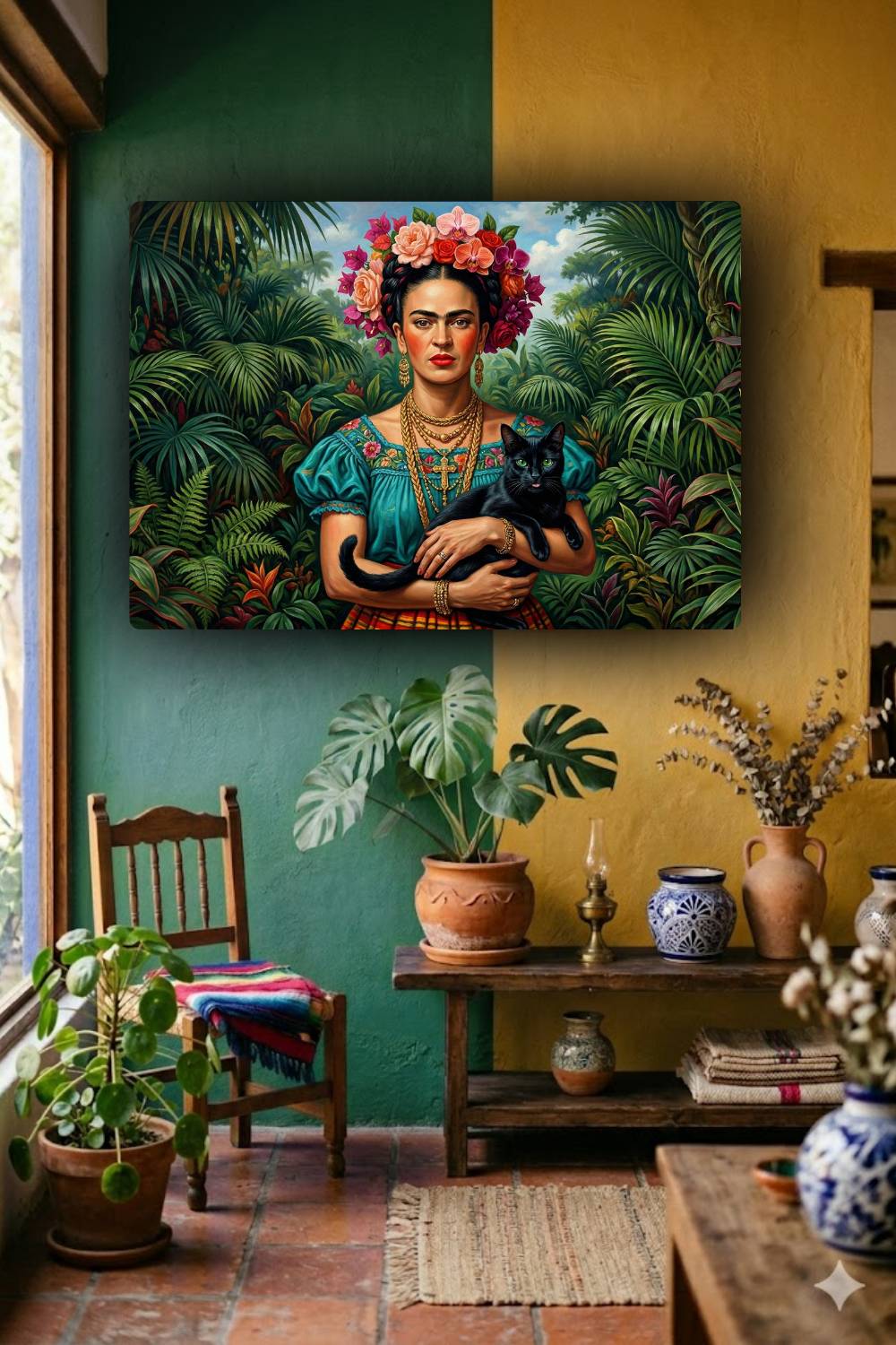 Quadro Frida Kahlo e um gato preto