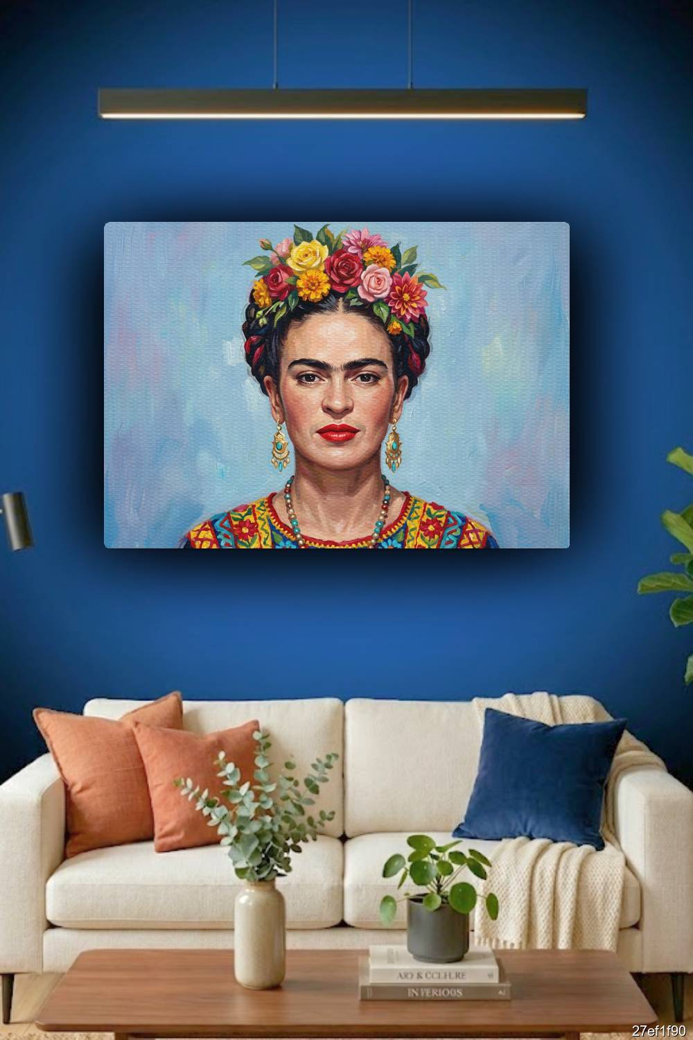 Quadro Frida Kahlo elegante decoração sala Rio fundo azul suave