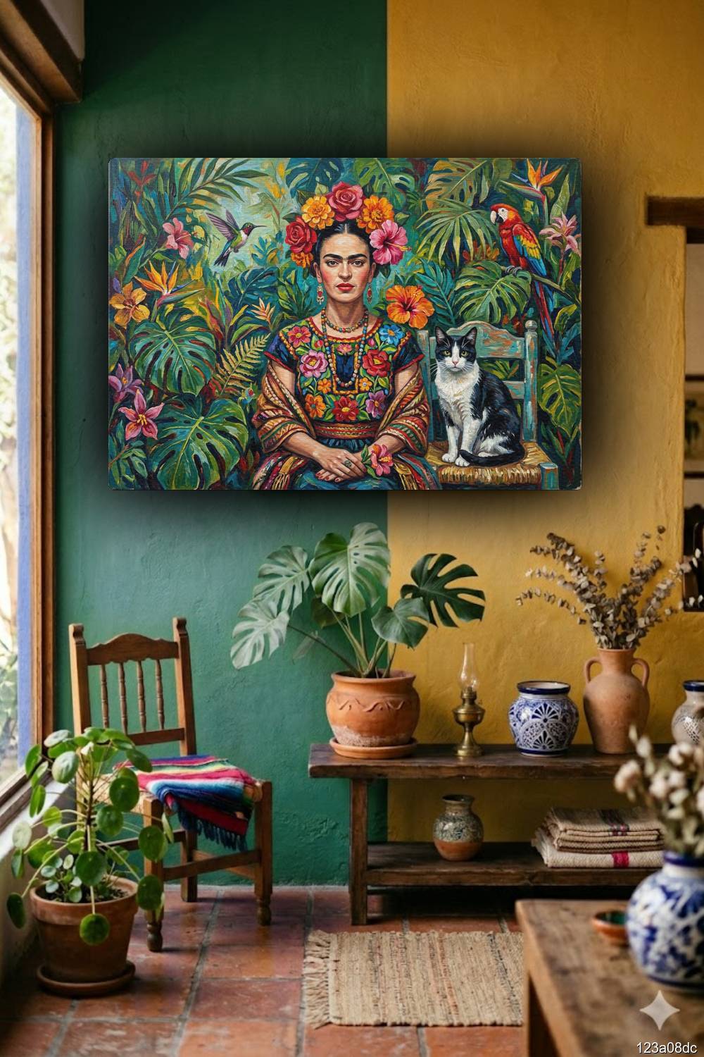 Quadro Frida Kahlo com gato decoração sala Rio de Janeiro moderna