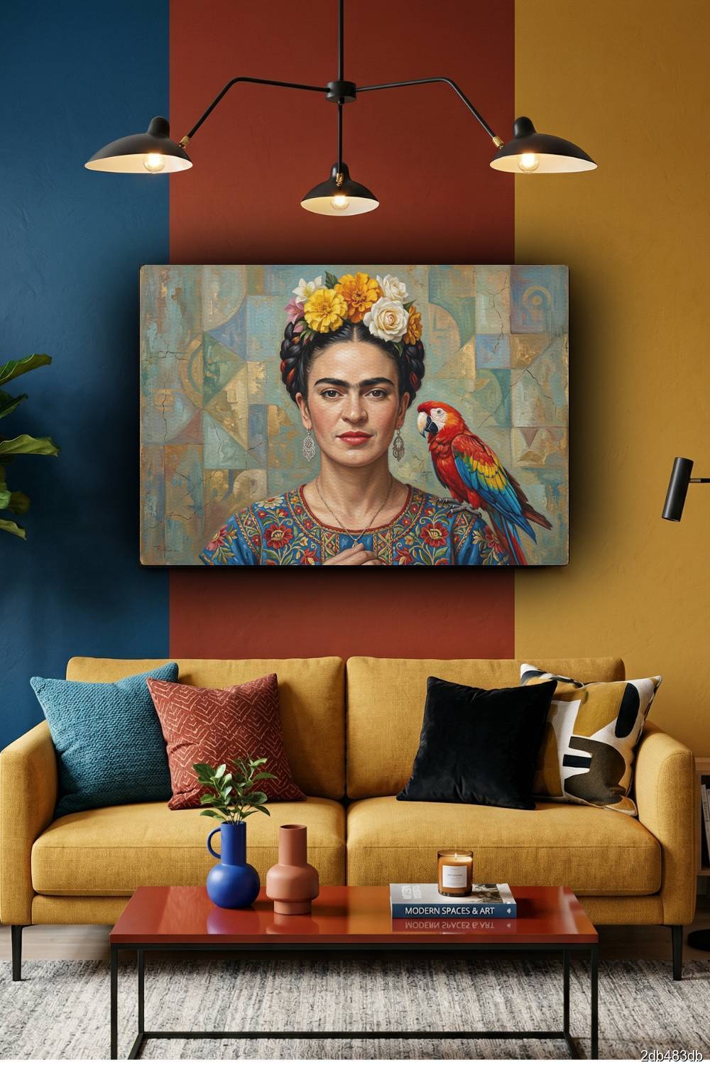 Quadro Frida Kahlo mosaico com arara colorida ao lado do rosto