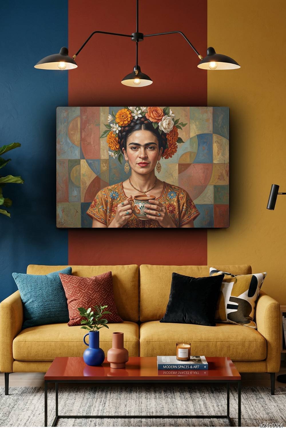 Quadro Frida Kahlo mosaico segurando bebida sofisticada
