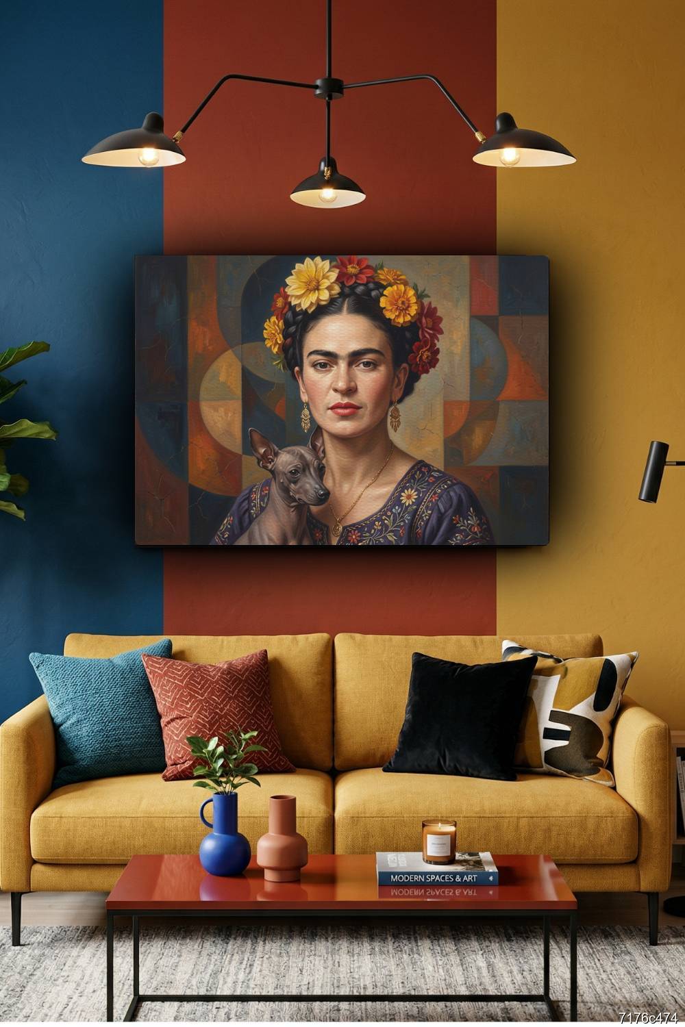 Quadro Frida Kahlo mosaico com cachorro próximo ao peito