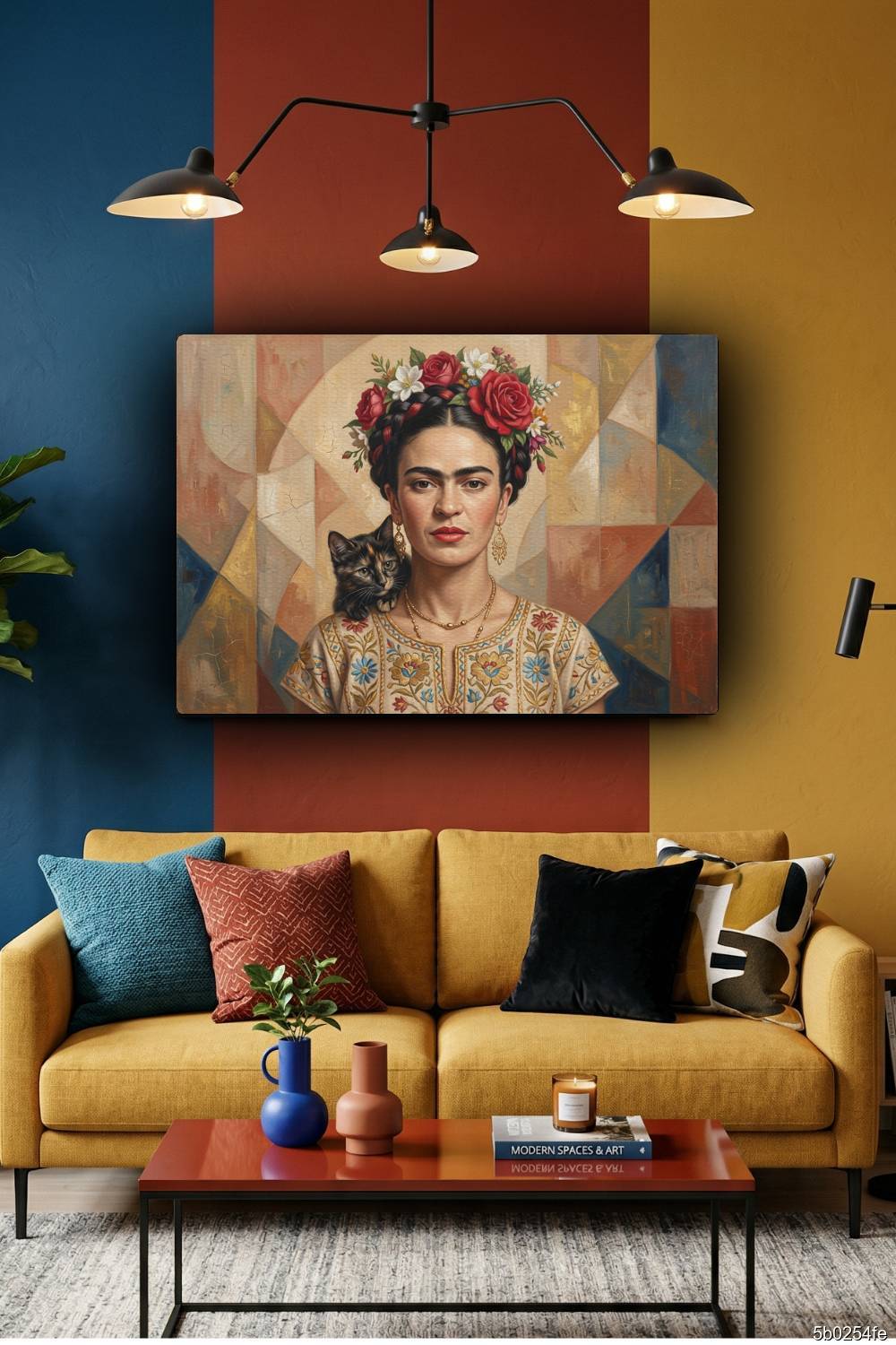 Quadro Frida Kahlo mosaico com gato próximo ao rosto