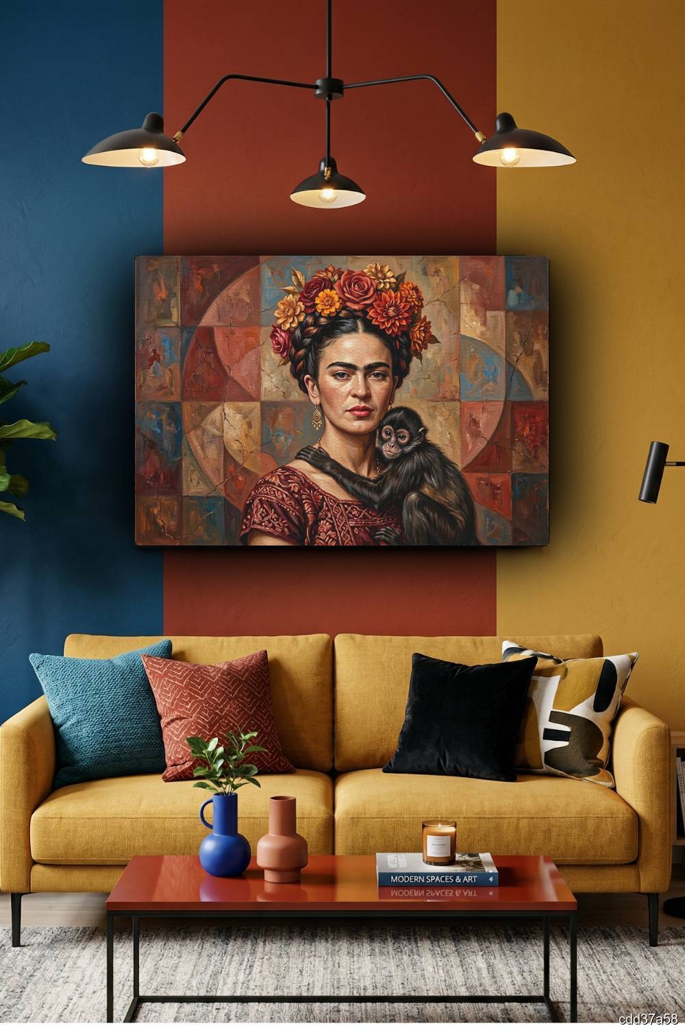 Quadro Frida Kahlo mosaico com macaco próximo ao rosto em tons quentes