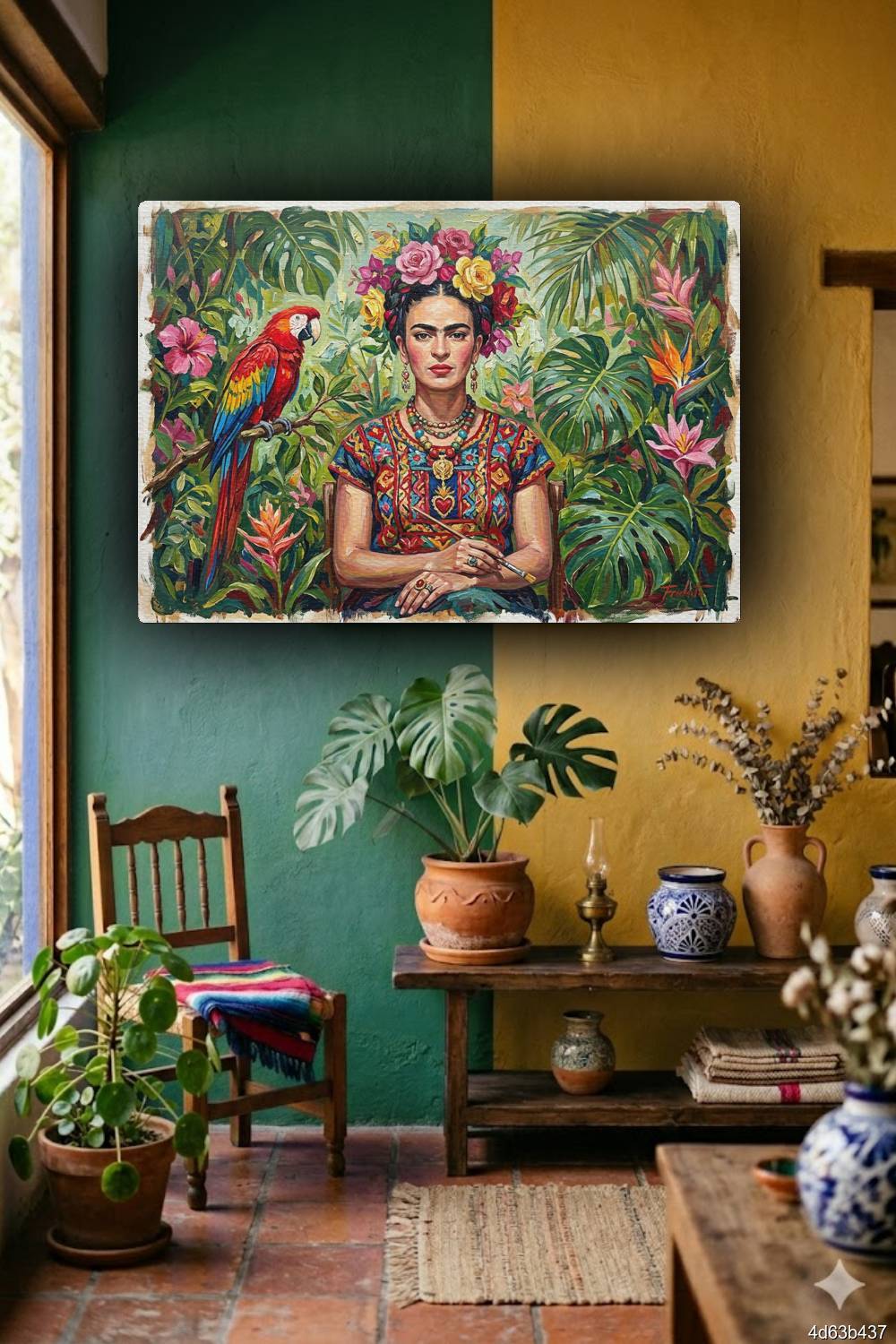 Quadro Frida Kahlo com arara decoração sala RJ sofisticada