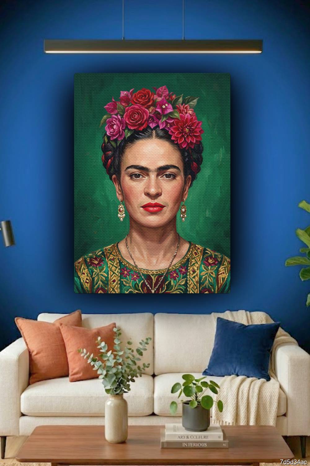 Quadro Frida Kahlo vibrante sala de estar RJ decoração artística flores coloridas fundo verde