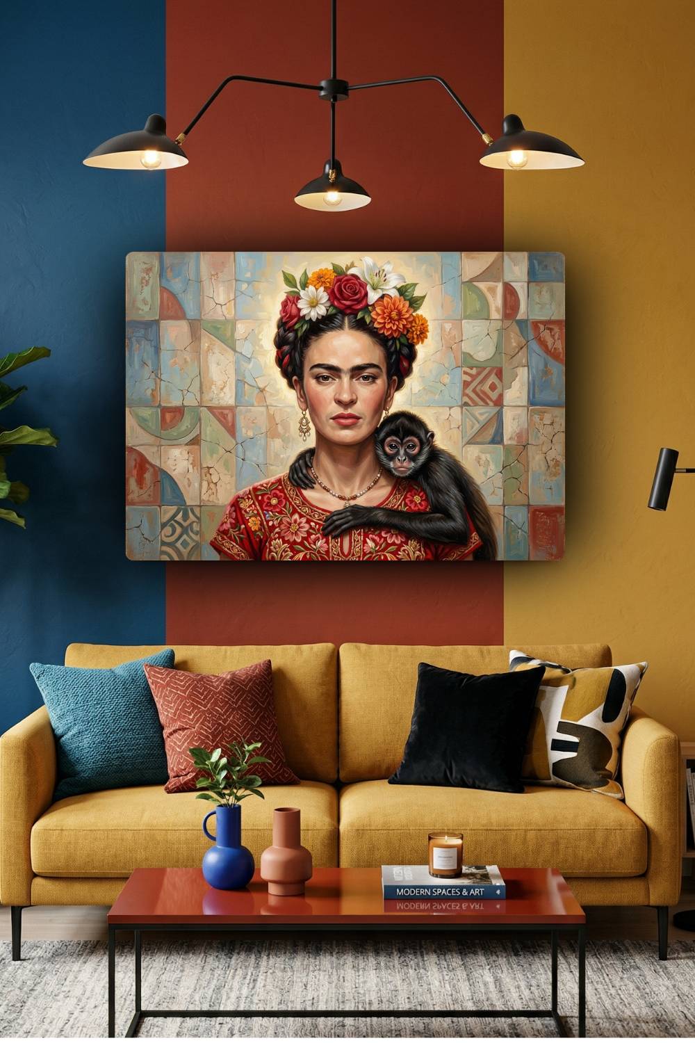 Quadro Frida Kahlo com um macaco em formato mosaico